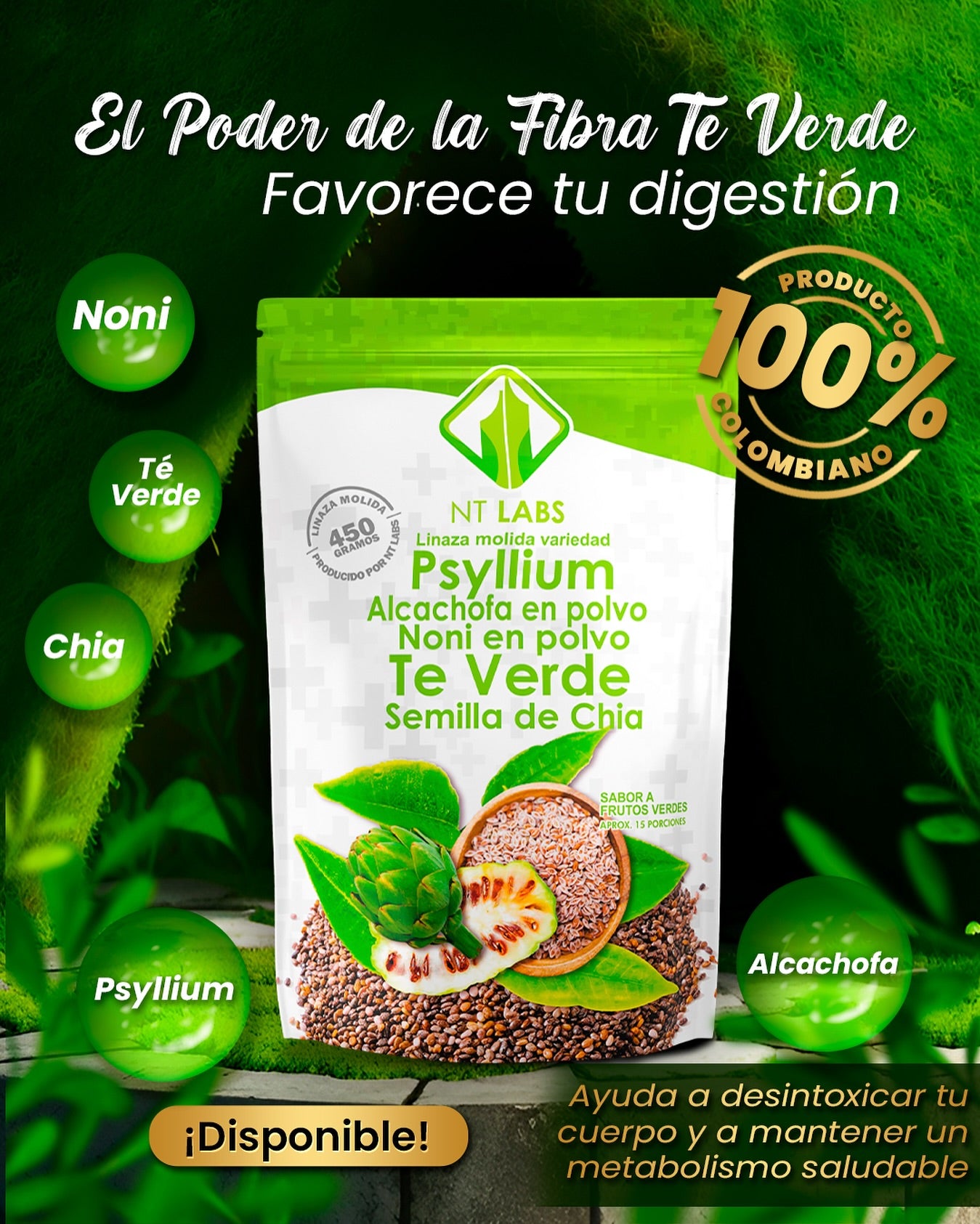 Linaza+Psyllium+Alcachofa+Noni+Te Verde+Semillas De Chia 450gr