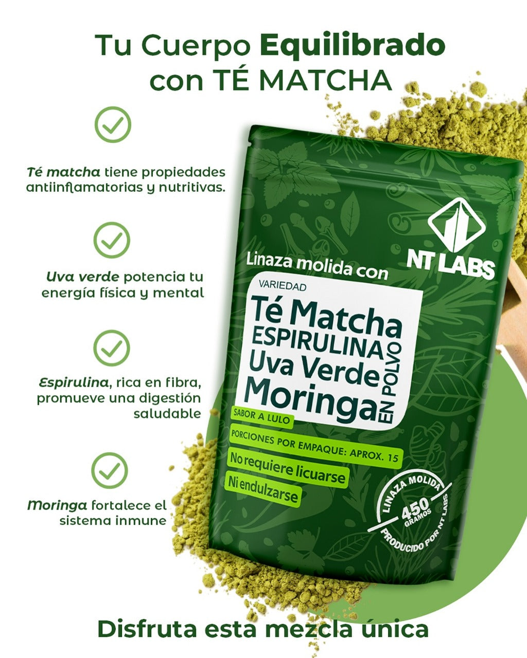 Fibra De Linaza + Te Matcha + Espirulina + Uva Verde + Moringa